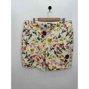 Lands End Womens Floral Cream Bermuda Shorts Size 18 Mid Rise Cotton Modest